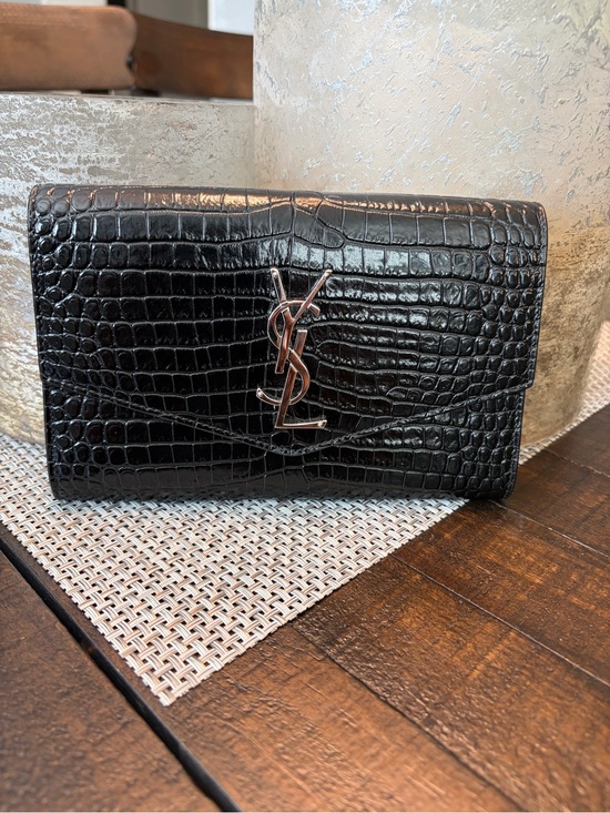 Yves Saint Laurent Handbags - Yves Saint Laurent Black Croc-Embossed Leather Wallet with Silver YSL Logo